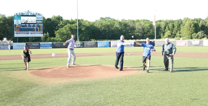 2016 inductees throwing out first pitch at Lakeshore Chinooks game