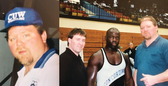 Photo on the right: former head coach/current assistant Bret Corner, Edwin Allen (CUW's first wrestling All-American in 1997) and Mike Fischer